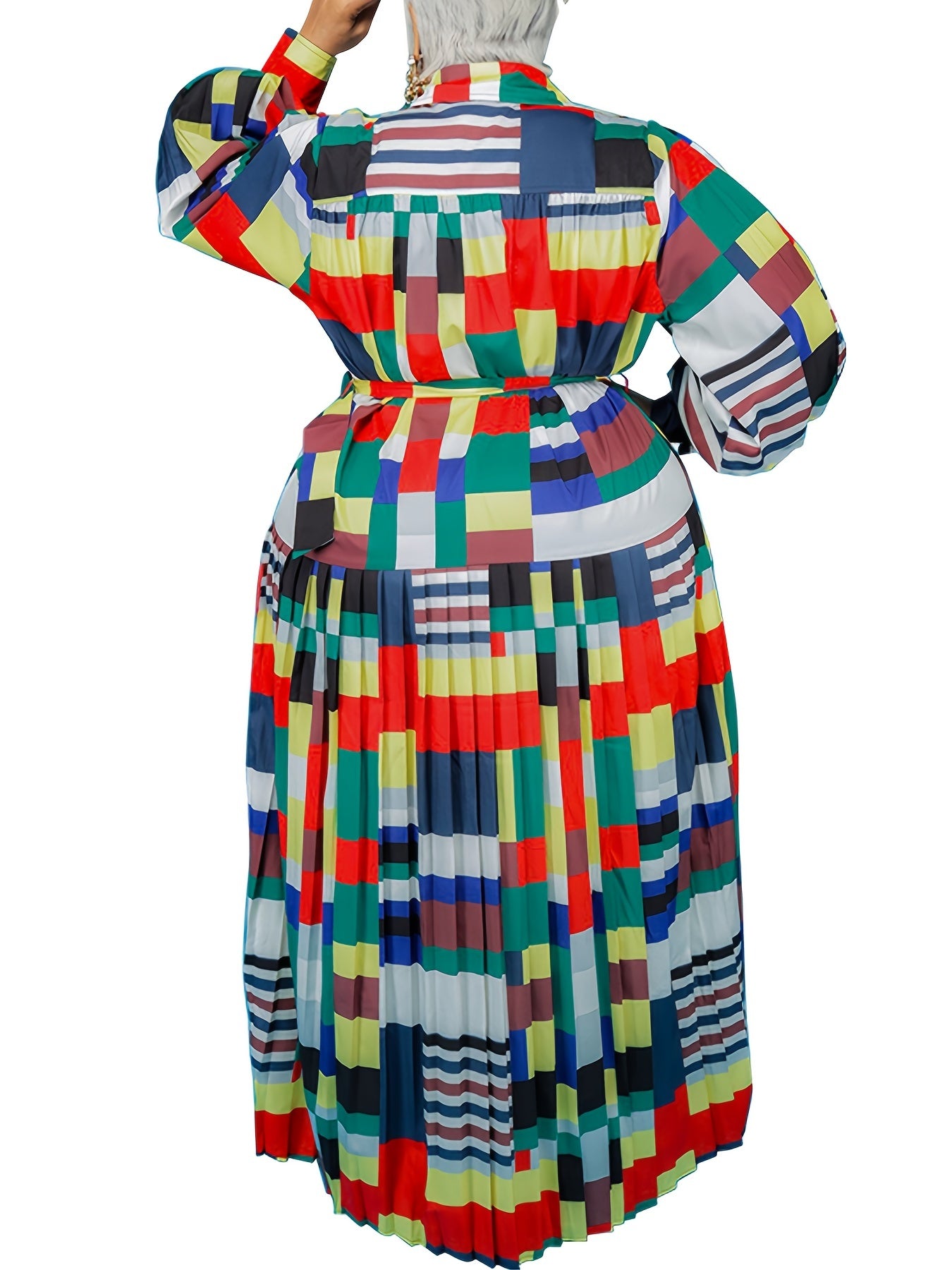  Colorblock Lantern Sleeve Maxi Dress