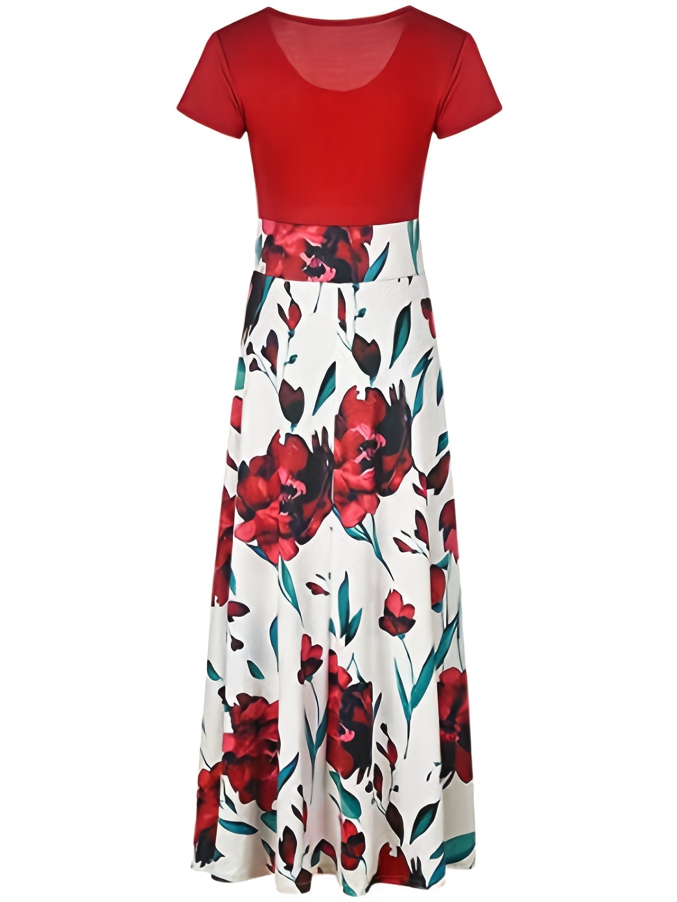 Splicing Crew Neck Dress Short Sleeve Pleated Maxi Dress Women's Clothing