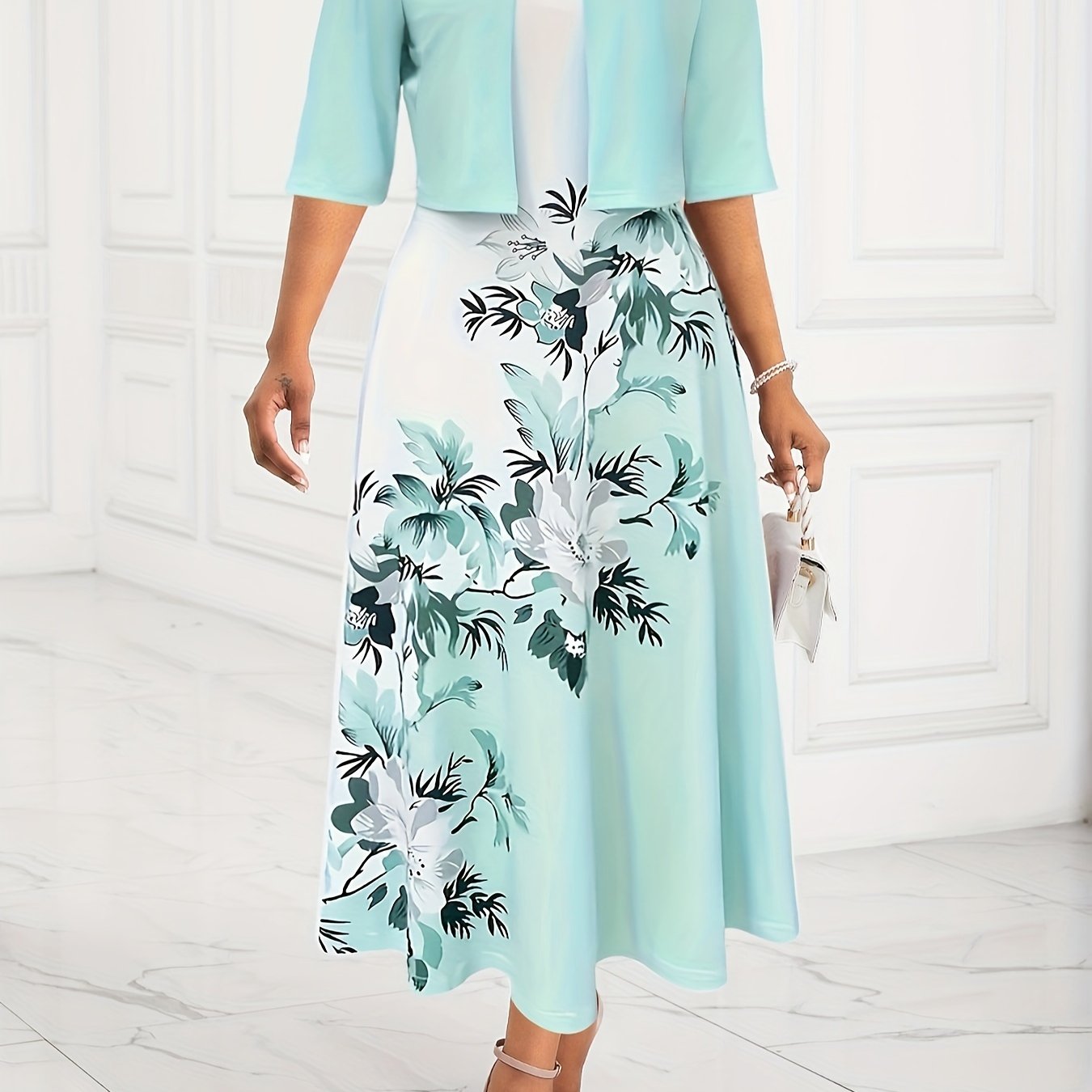  Colorblock Floral Print V Neck Tank Dress & Half Sleeve Coat Set