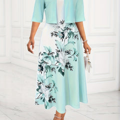  Colorblock Floral Print V Neck Tank Dress & Half Sleeve Coat Set