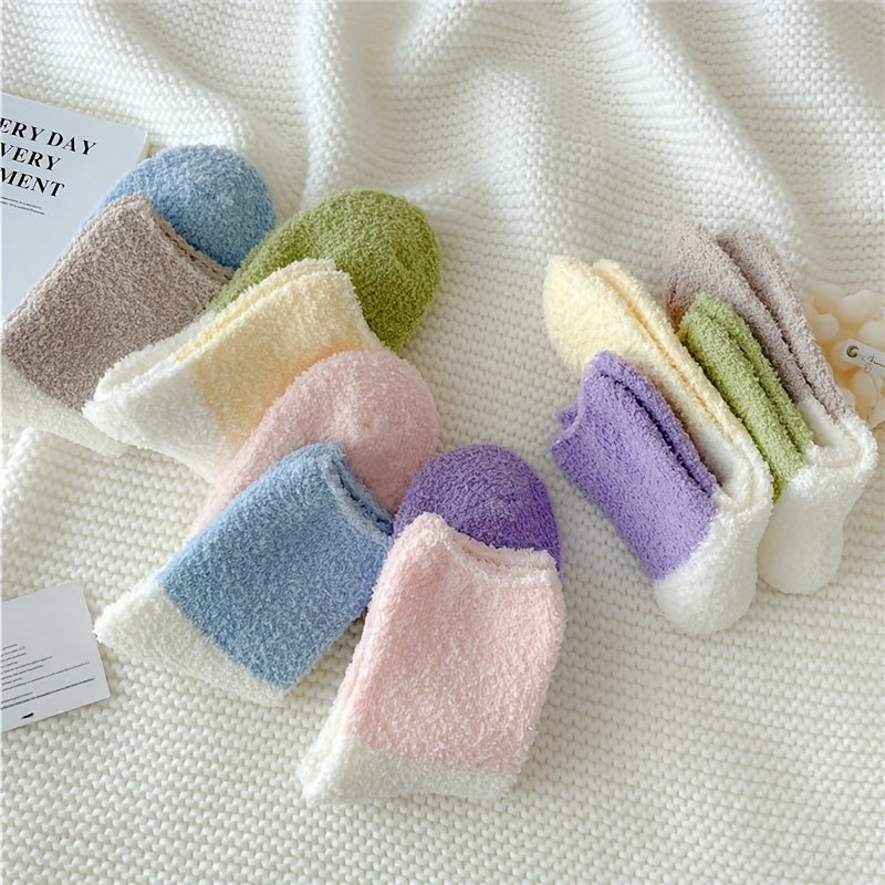 6 Pairs Colorblock Pattern Plush Socks Soft Mid Tube Women's Stockings