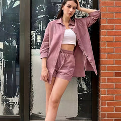  Casual Shirt & Shorts Set Women's Plus Solid Long Sleeve Button Up