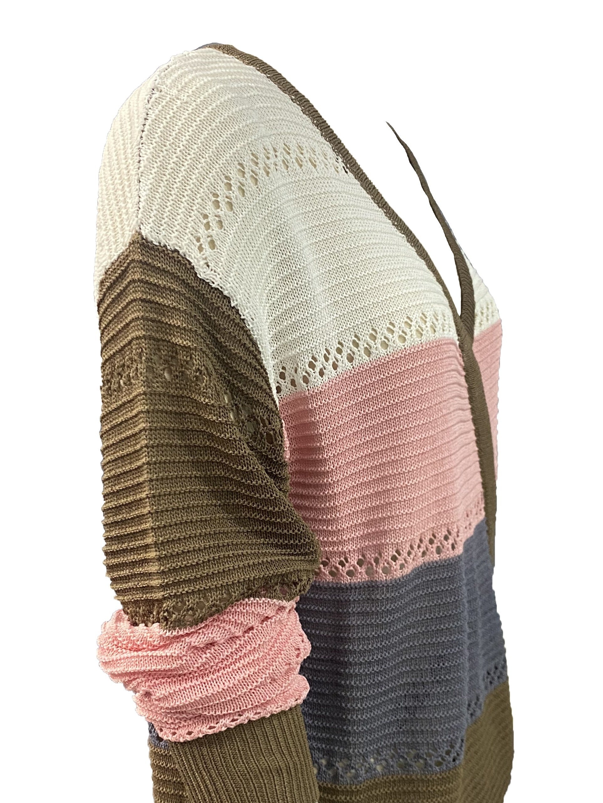 Block Eyelet Pullover V Neck Sweater Long Sleeve