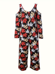  Boho Jumpsuit Women's Plus Maple Leaf Print Cold Shoulder