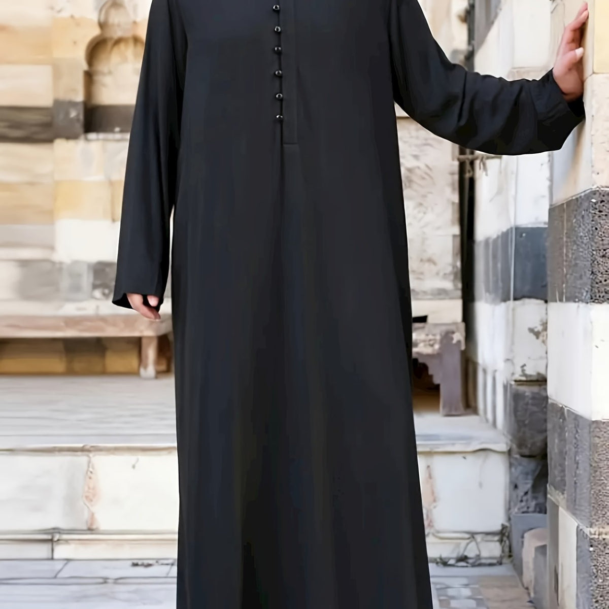 Islamic Arabic Kaftan Men Long Sleeve Solid Band Collar Muslim Clothes Vintage