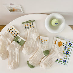 5 Pairs Floral Pattern Mid Tube Socks Soft & Comfy Stockings