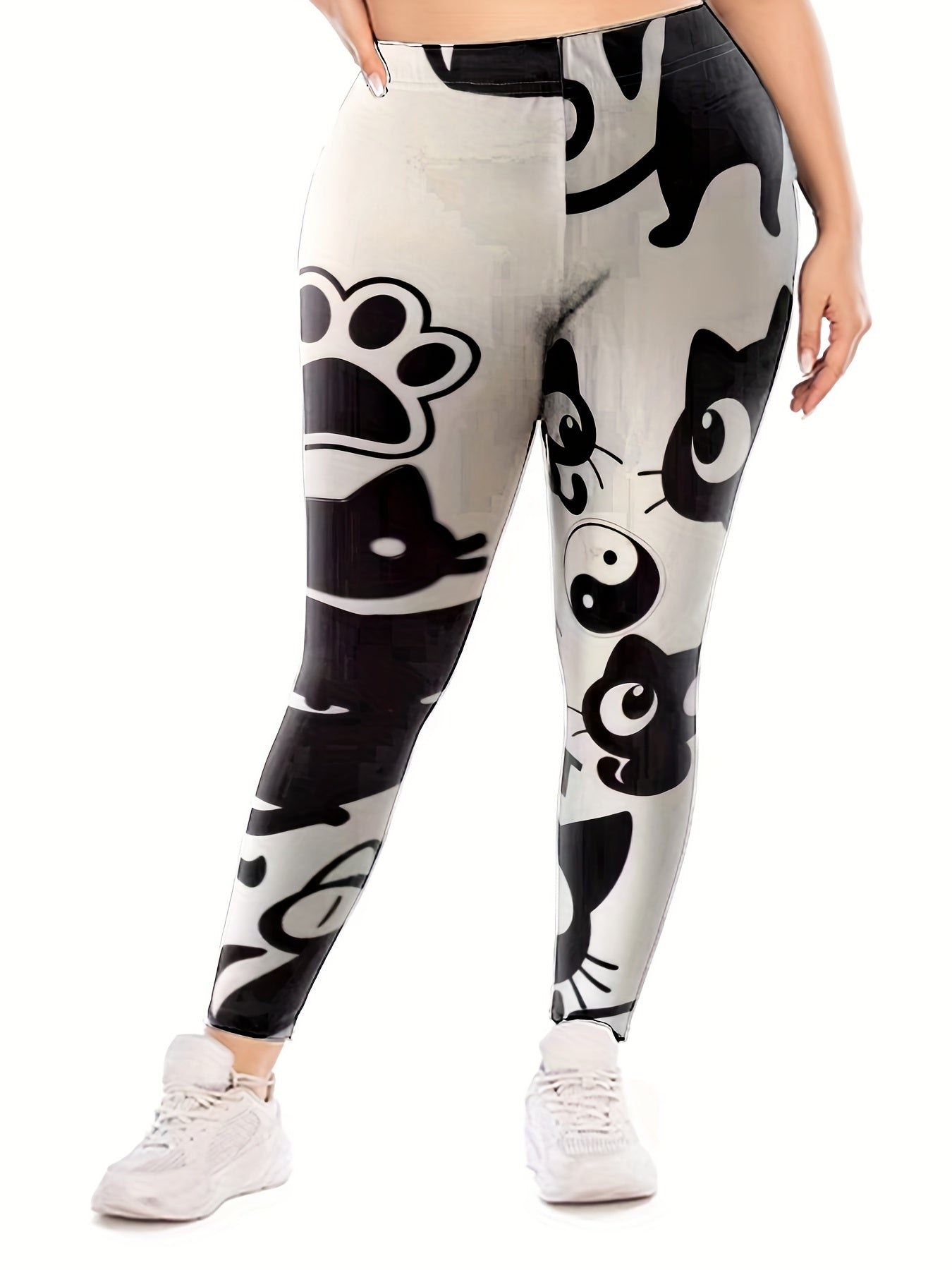  Casual Leggings Women's Plus Cat & Paw Print High Rise Leggings