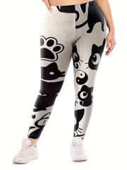  Casual Leggings Women's Plus Cat & Paw Print High Rise Leggings