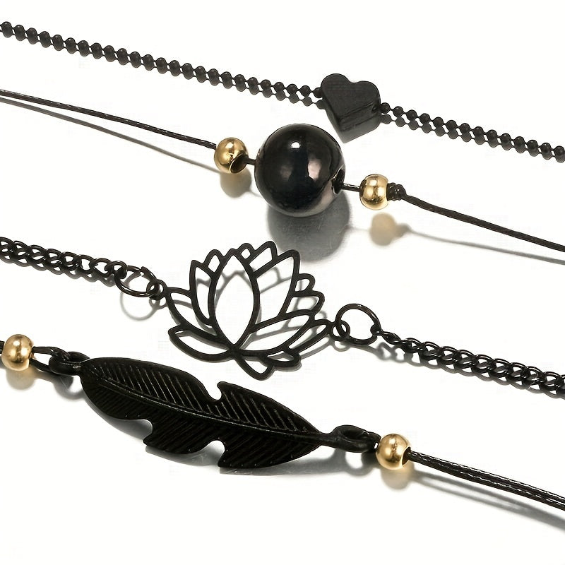 4 Pcs Stackable Lotus Chain Anklet Set For Women