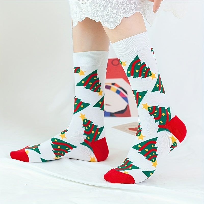 5 Pairs Cartoon Print Socks Christmas Mid Tube Stockings Women's Hosiery