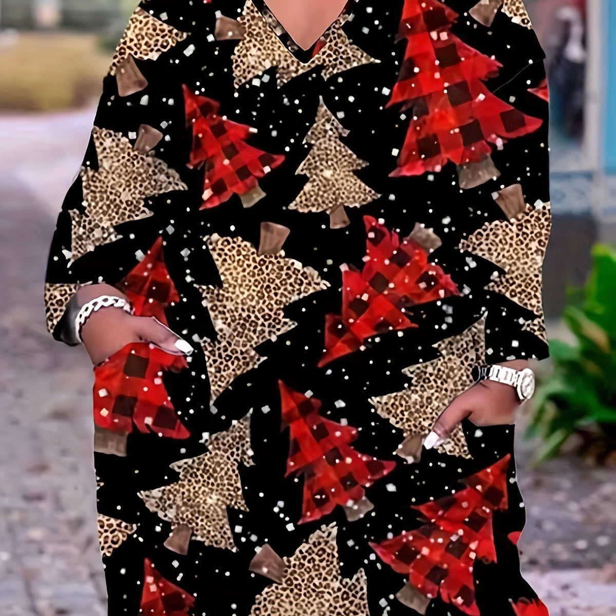 Women's Plus Christmas Tree Print Long Sleeve V Neck Dress
