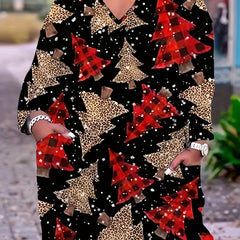 Women's Plus Christmas Tree Print Long Sleeve V Neck Dress