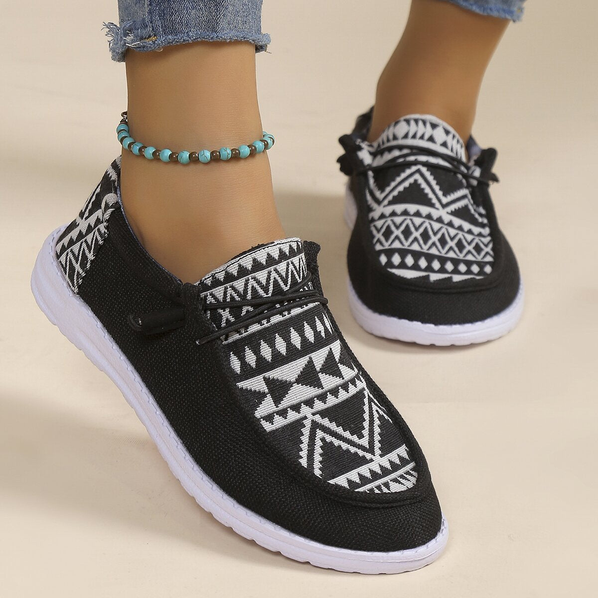 Women's Geometric Pattern Canvas Slip-On Loafers
