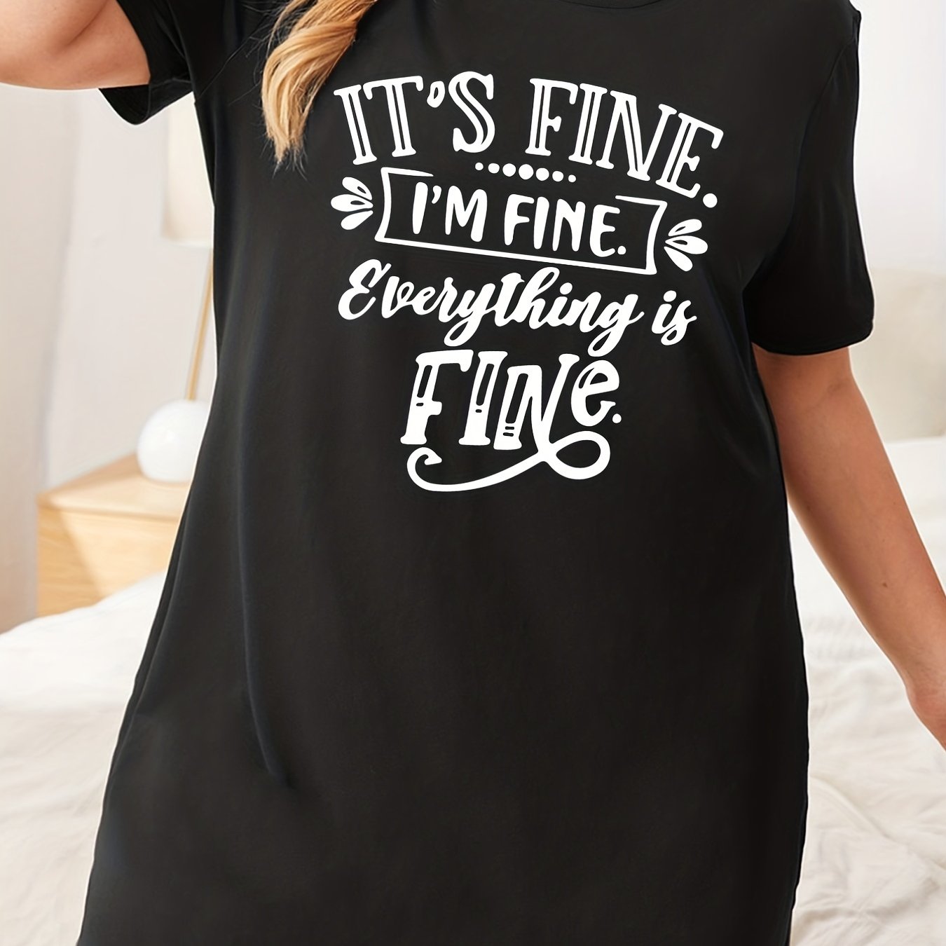  Slogan Print Short Sleeve Tee Sleep Dress