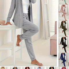  Solid Hooded Zip Coat & Drawstring Pants Set