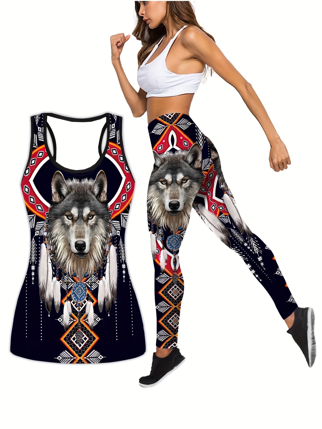  Sports Outfits Set Women's Plus Panting Print Racer Back Tank & Leggin