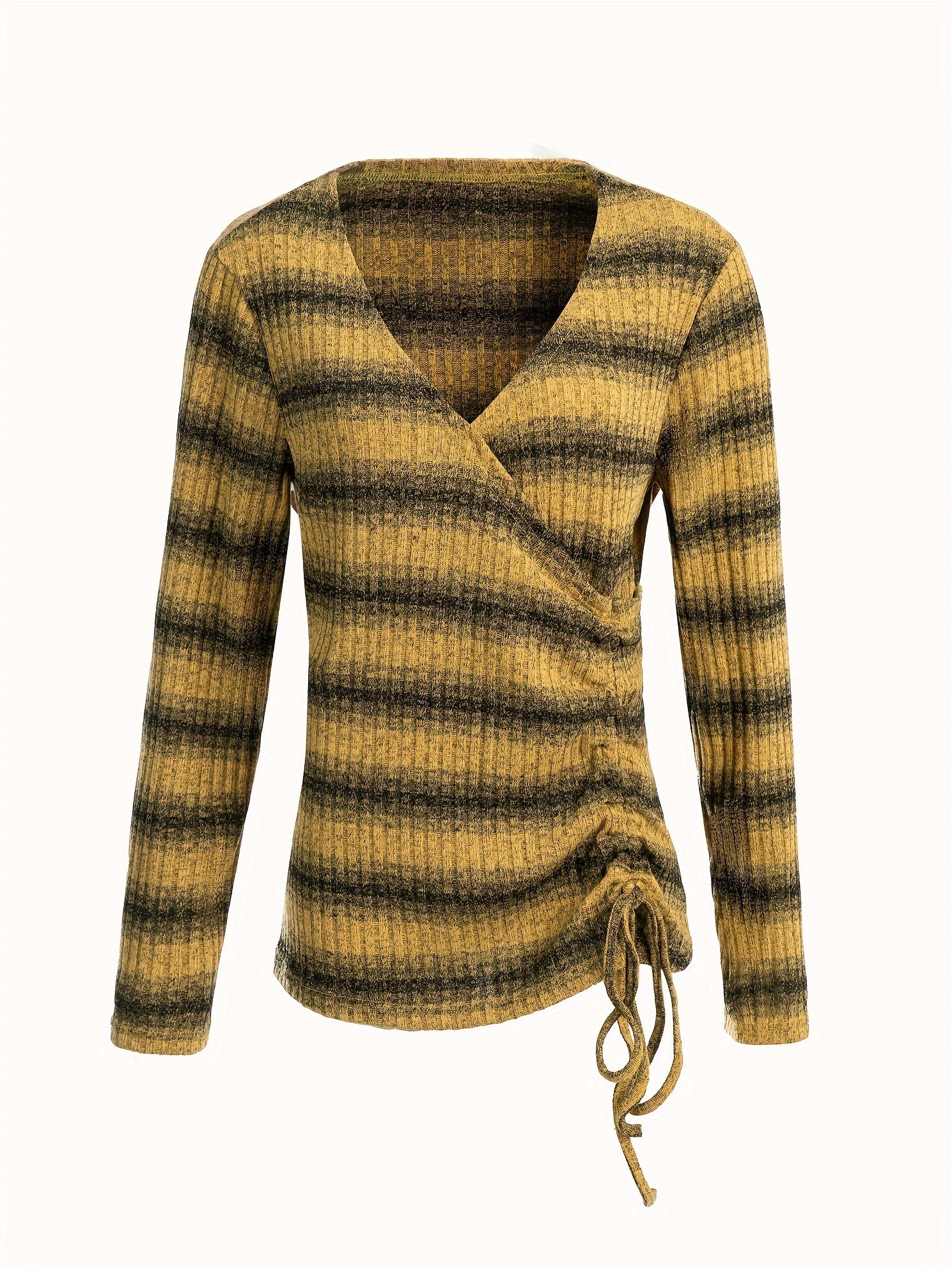  Stripe Print Surplice Neck Knit Top