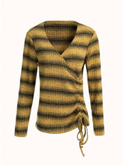  Stripe Print Surplice Neck Knit Top