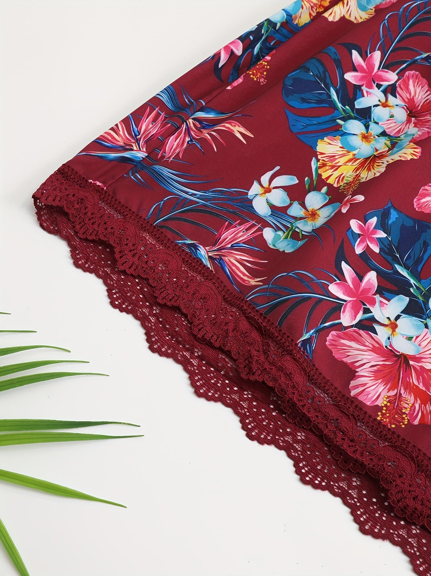  Boho Pajama Shorts Women's Plus Tropical Print Lace Trim Shorts