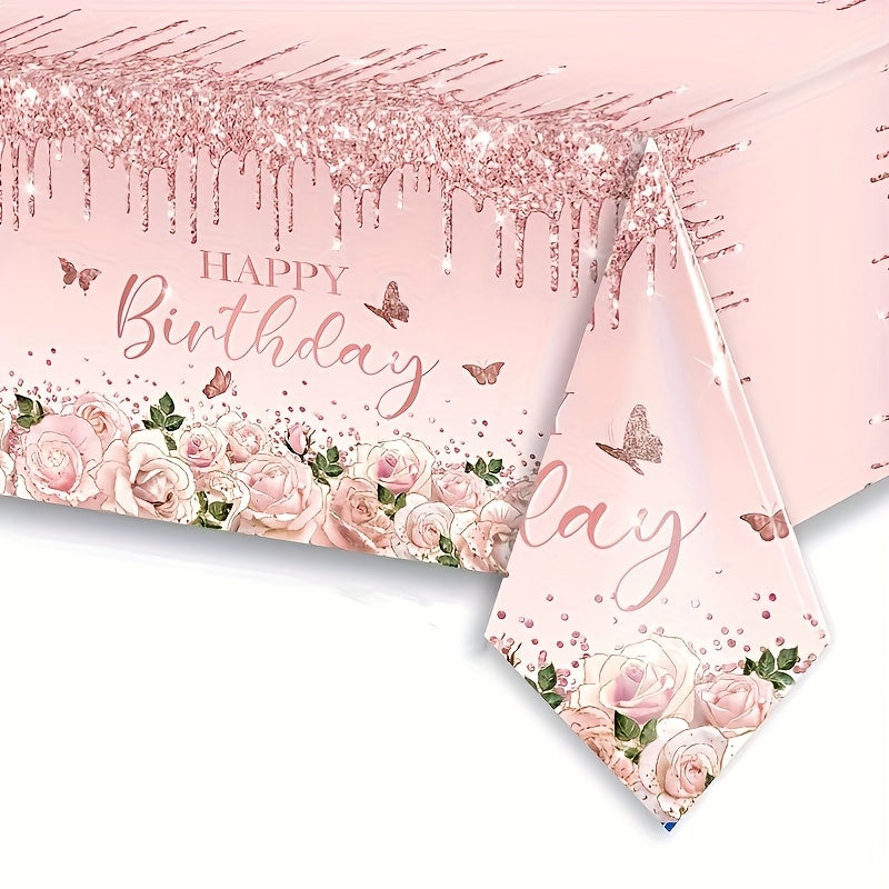 Pink Rose Flower Butterfly Tablecloth for Birthday Wedding Party