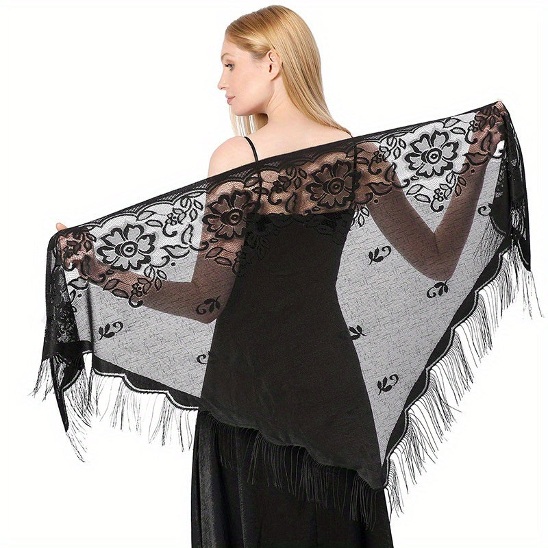 Embroidered Lace Tassel Triangle Scarf Mantilla Head Covering