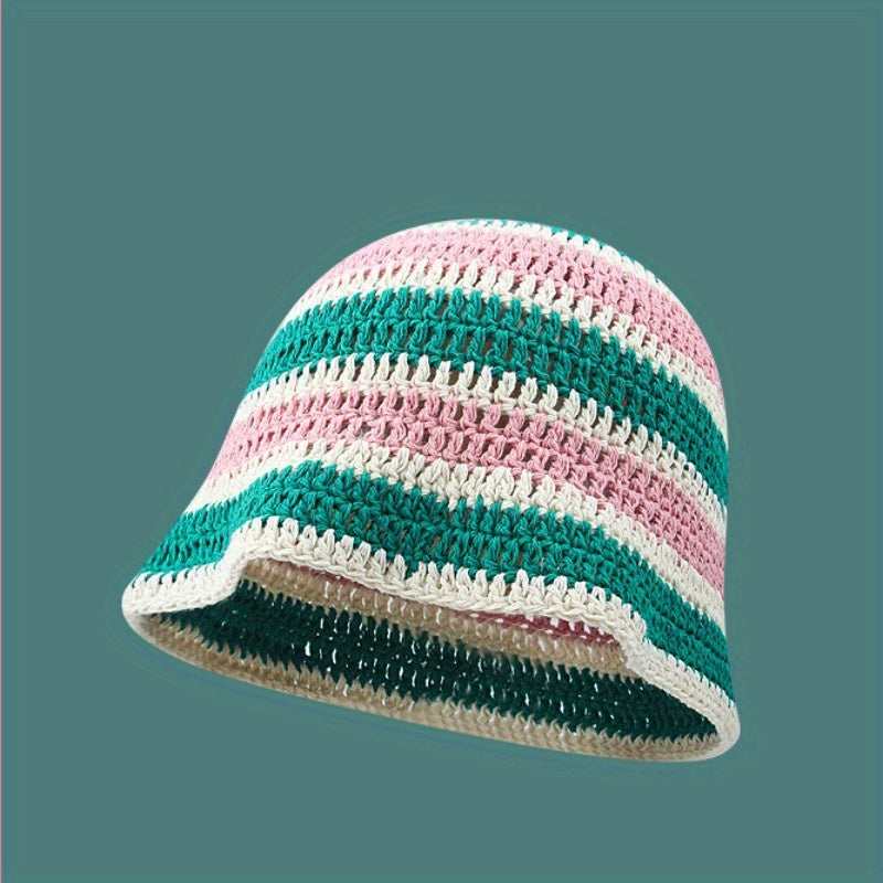 Rainbow Striped Crochet Bucket Hat Y2K Block Hollow Out Knit Hat