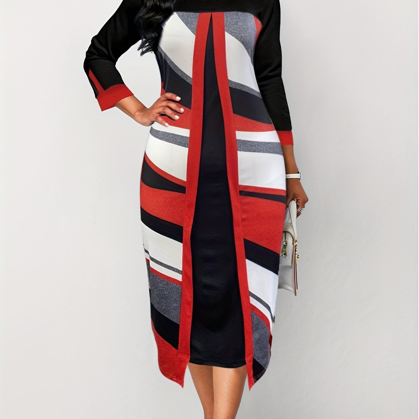  Colorblock Geometric Print Long Sleeve Dress
