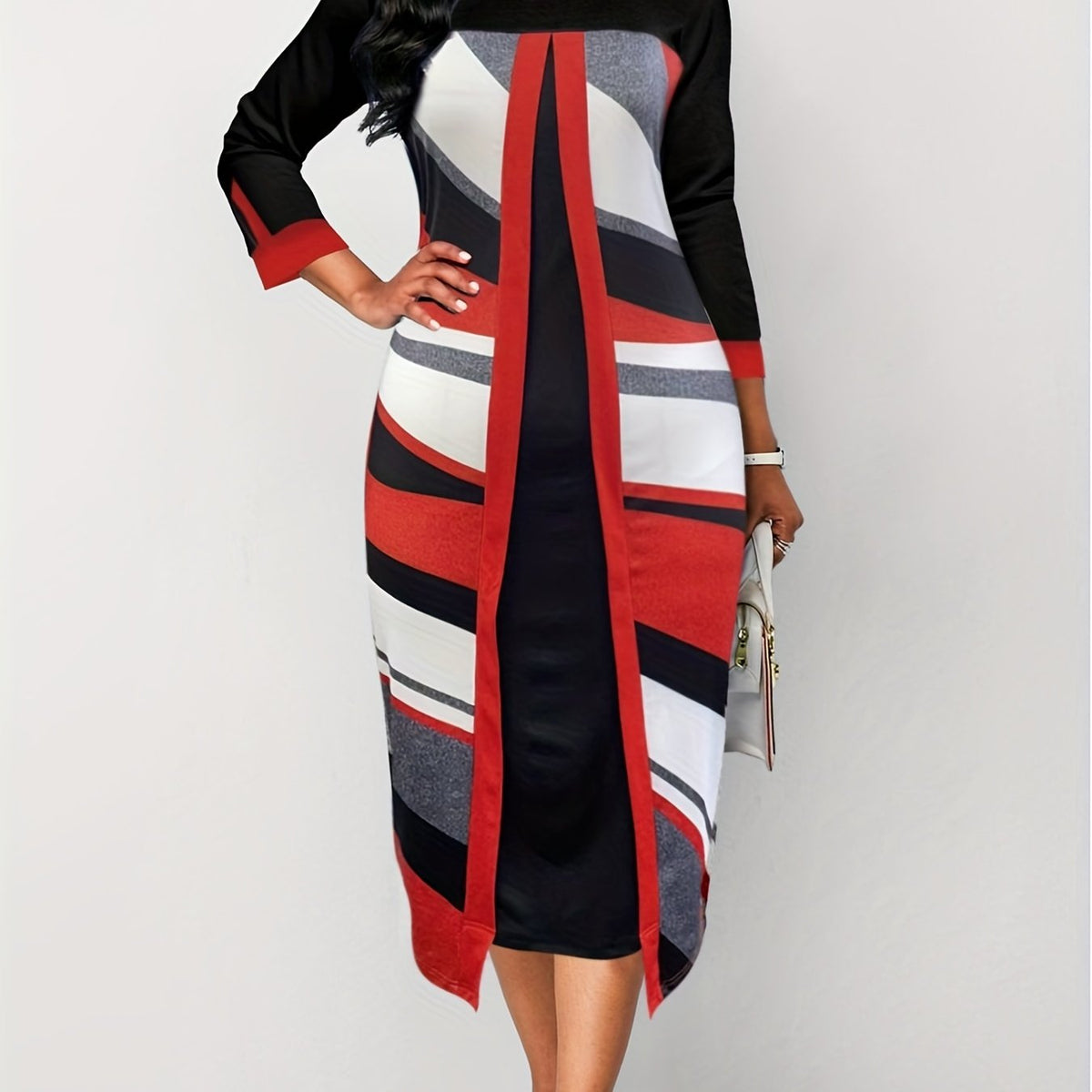  Colorblock Geometric Print Long Sleeve Dress