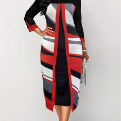  Colorblock Geometric Print Long Sleeve Dress