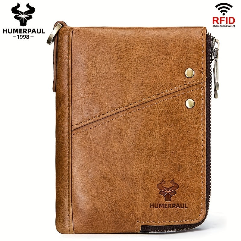 RFID Card Holder Leather Money Bag Double Zipper Male Clutch