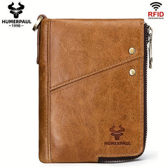 RFID Card Holder Leather Money Bag Double Zipper Male Clutch