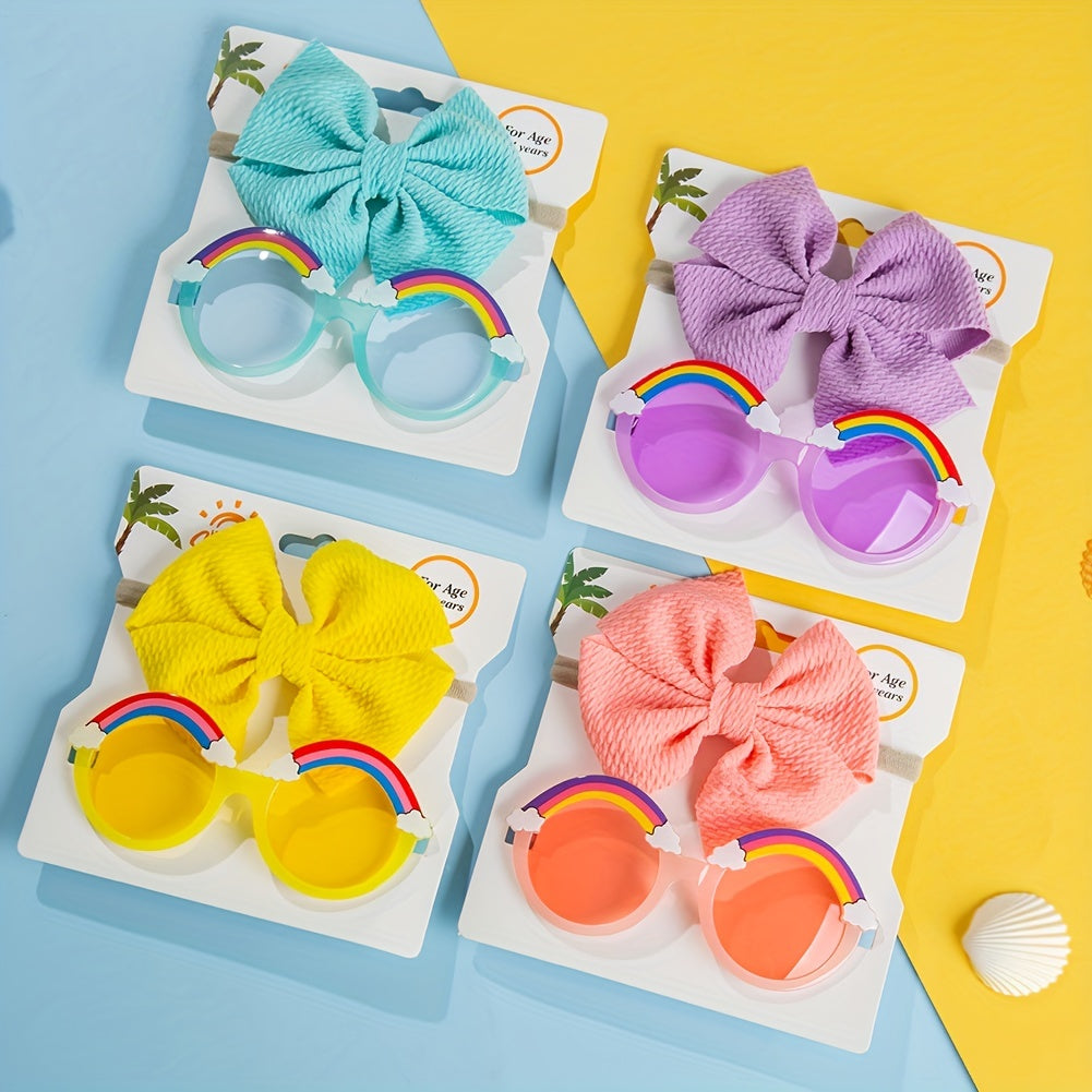 Girls Casual Bow Headband & Rainbow Sunglasses Set for Party