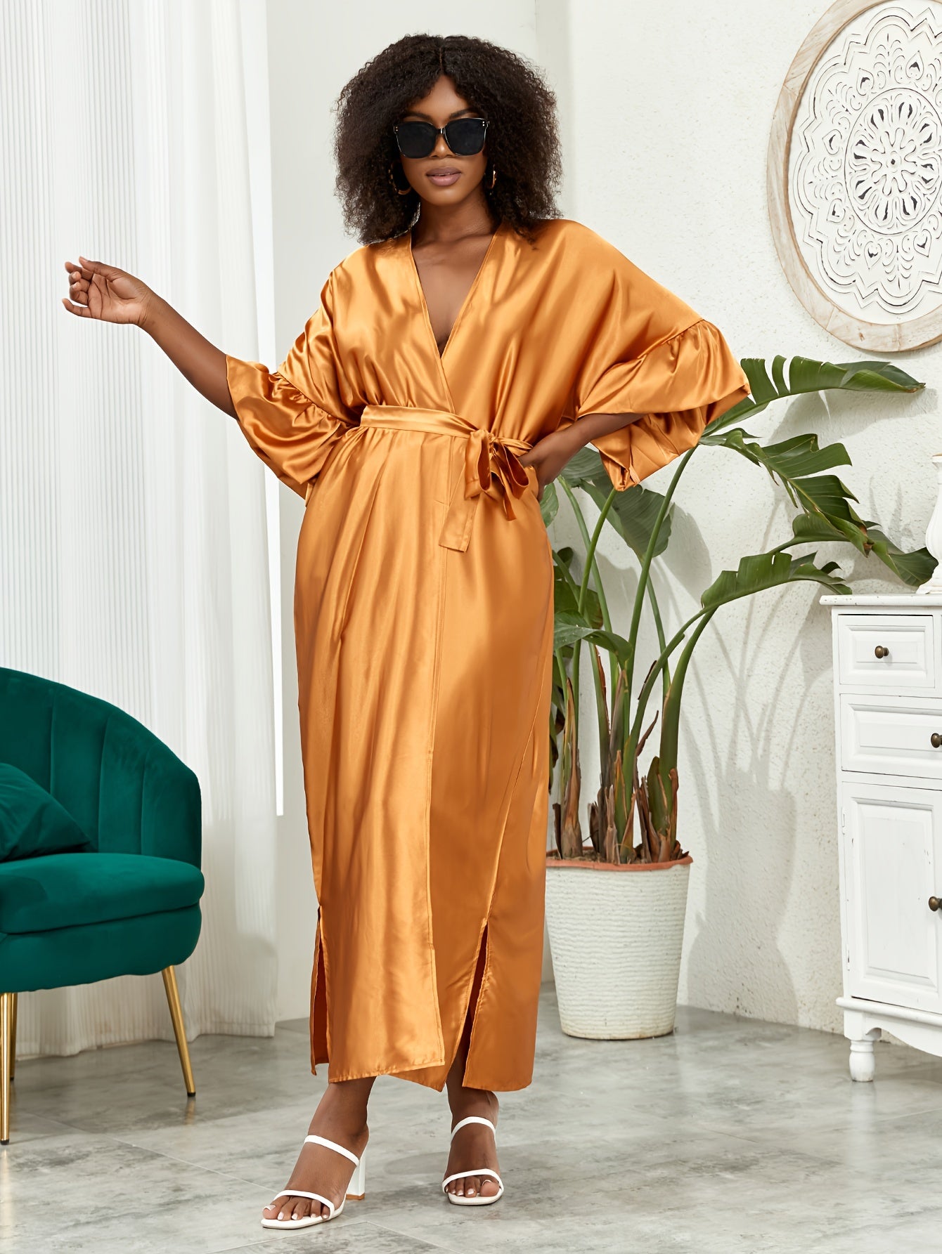  Satin Ruffle Trim Kimono Cover Up