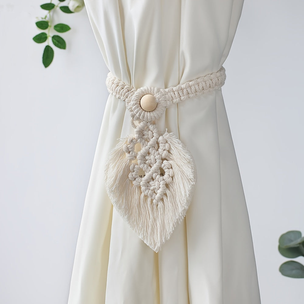 Bohemian Woven Curtain Binding Rope Tassel Leaf Wood Bead Decoration
