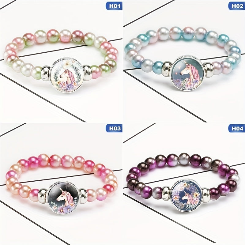 12 Rainbow Unicorn Glass Beads Bracelets for Girls Party