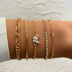Golden Chain Butterfly Rhinestone Bracelet Set
