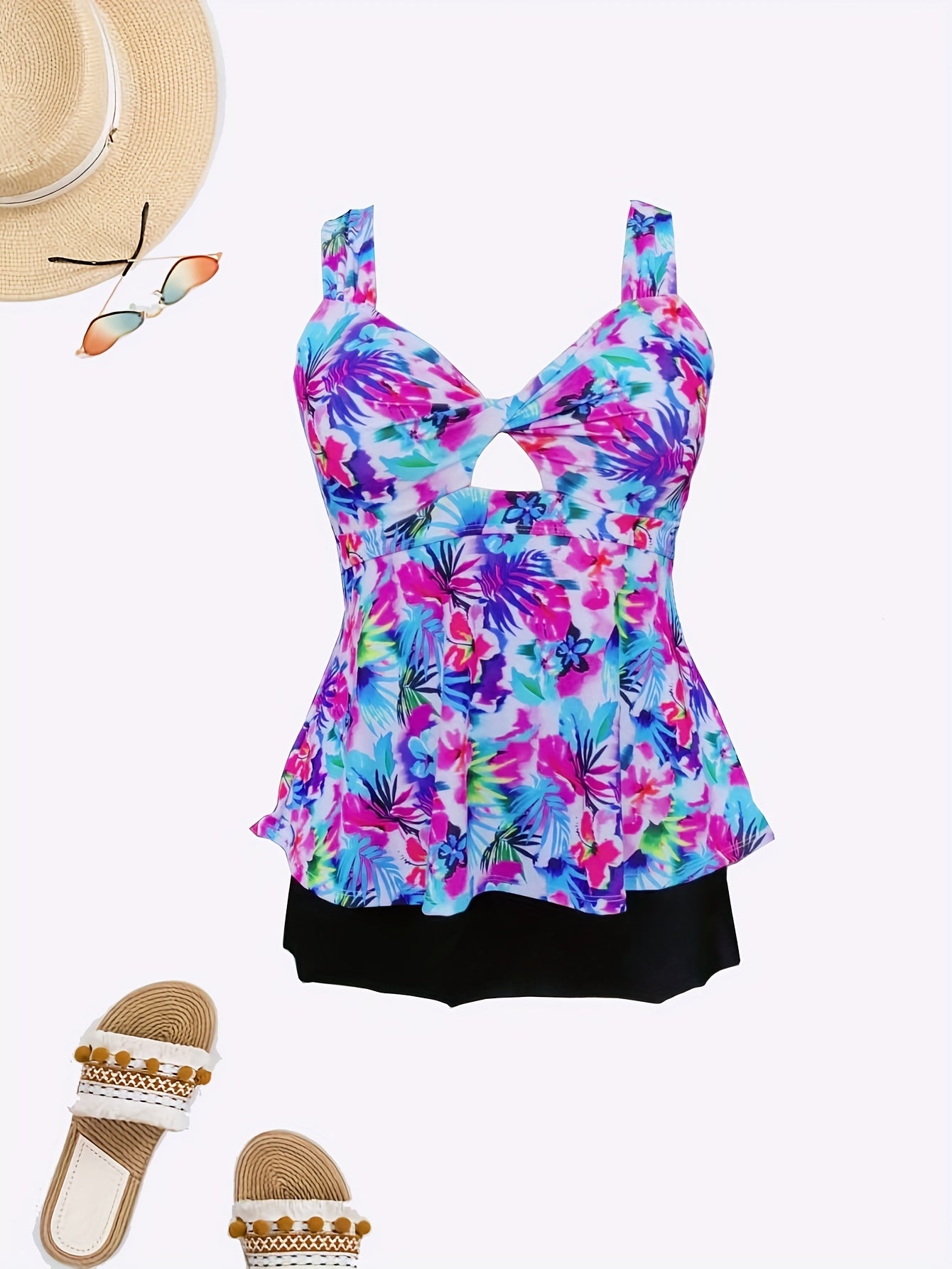  Tropical Print Tankini Set Twist Front Cami Top & Mini Skirt Swimsuit