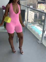 Plunging Halter Neck Romper Sexy Solid Bodycon Summer Women's Clothing