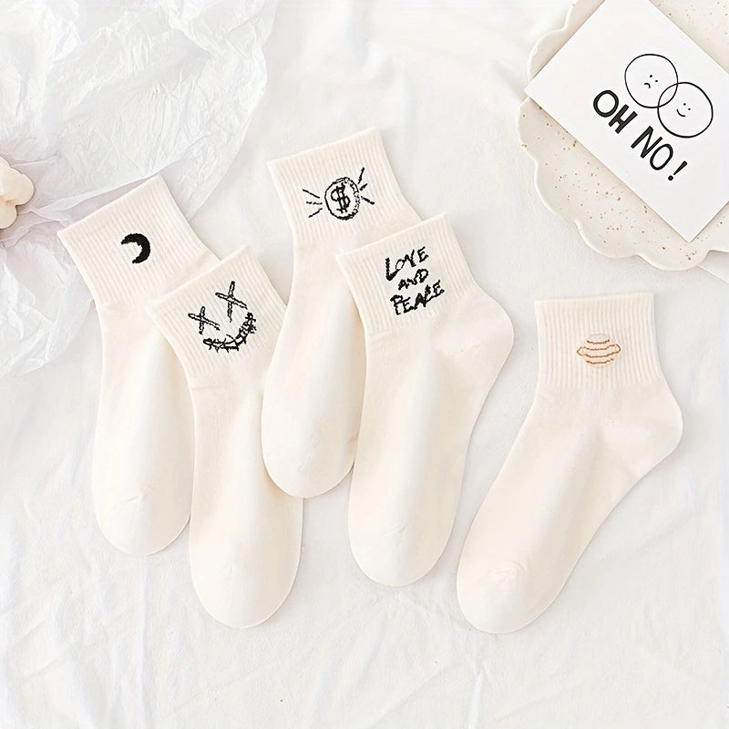 5 Pair Cartoon Print Socks Mid Tube Stockings