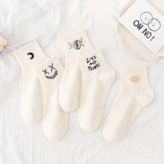 5 Pair Cartoon Print Socks Mid Tube Stockings