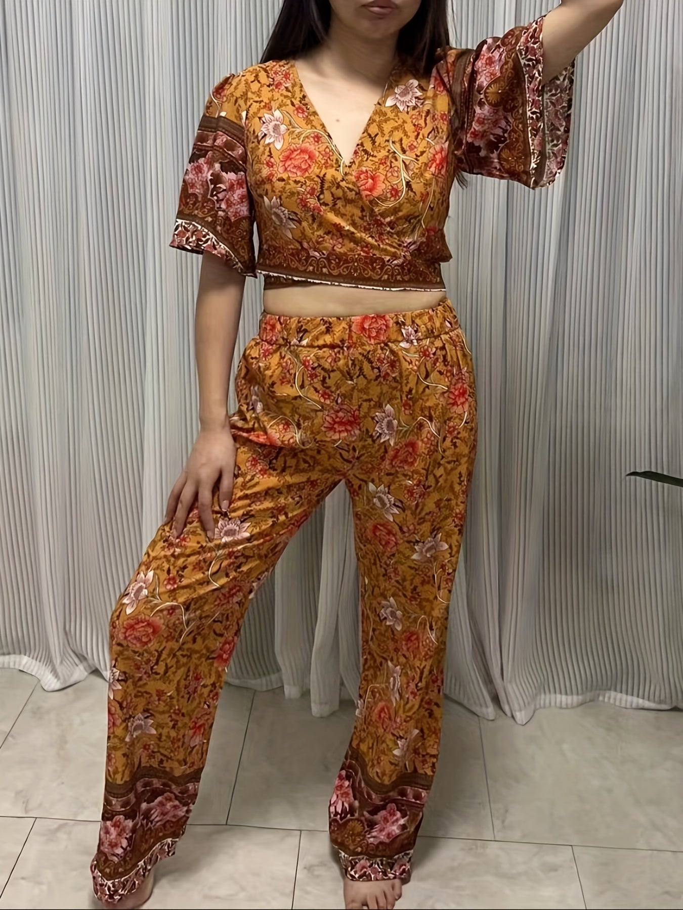 Boho Floral Print 2pc Set Wide Leg Pants & Crop Top