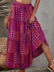 Patchwork Print Boho Skirt Plus Size Smock Drawstring