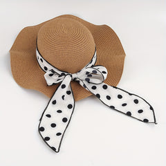Dotted Ribbon Bowknot Sun Hat Ruffles Wide Brim Straw Bucket Hats