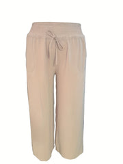  Solid Waist Drawstring High Rise Loose Wide Leg Pants