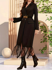  Blazer Women's Tassel Trim Double Breast Button Lapel Long Blazer