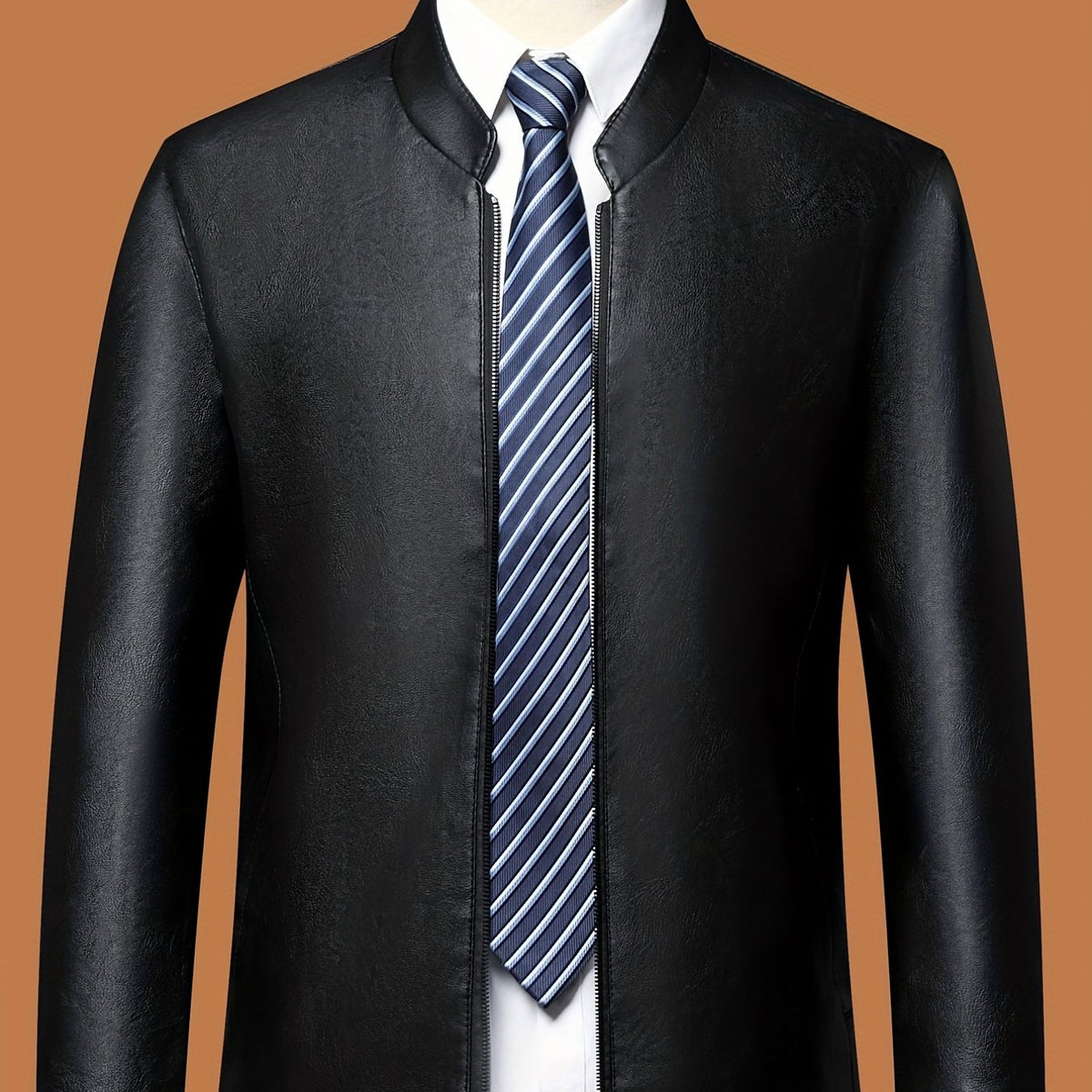 Men's Slim Fit PU Jacket Stand Collar Faux Leather Jacket