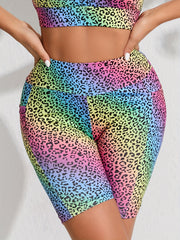 Rainbow Leopard Print Yoga Shorts High Waist Side Pockets Sports Shorts
