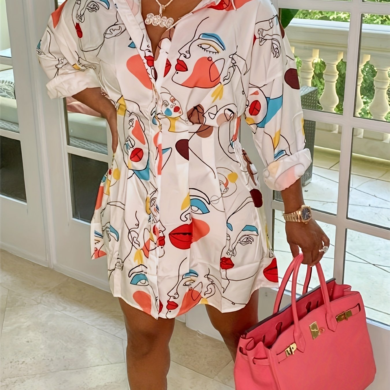 Abstract Face Print Button Up Shirt Dress
