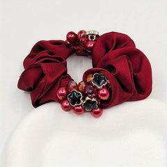 Red Flower Beaded Silky Scrunchies Hair Tie Faux Pearl Hair Rope Satin Hair Ring