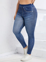  Denim Print High Waist Leggings Women's Plus Basic Leggings